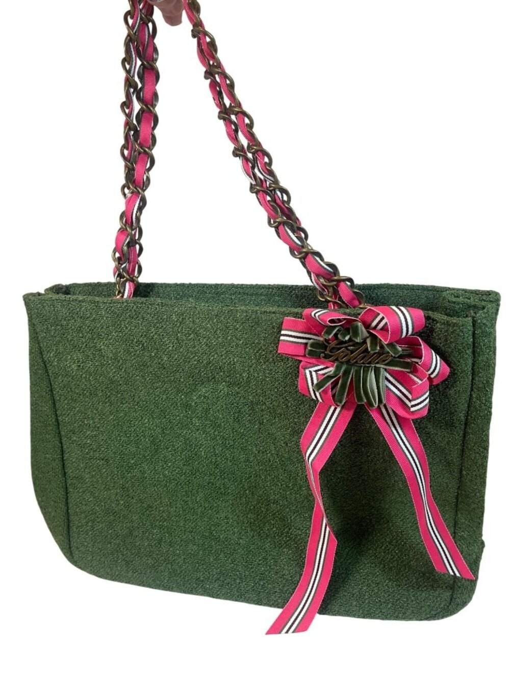 Green Tweed Shoulder Bag With Pink Ribbon & Chain Straps By Goldie